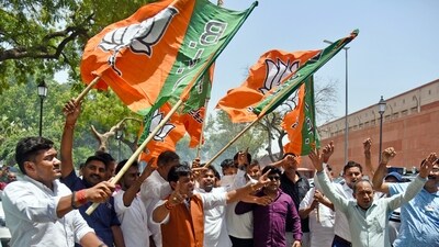 Bharatiya Janata Party (BJP) supporters wave off the party's flags while celebrating the party's victory in the Lok Sabha elections (ANI)