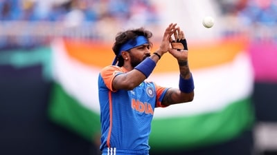 Hardik Pandya of India gathers the ball during the ICC Men's T20 Cricket World Cup West Indies & USA 2024 (Getty Images via AFP) Hardik Pandya of India gathers the ball during the ICC Men's T20 Cricket World Cup West Indies & USA 2024 (Getty Images via AFP)