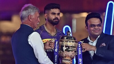 Roger Binny (L), president of the Board of Control for Cricket in India (BCCI) along with Jay Shah (R), secretary of the BCCI, presents the IPL trophy to Kolkata Knight Riders' captain Shreyas Iyer (AFP) Roger Binny (L), president of the Board of Control for Cricket in India (BCCI) along with Jay Shah (R), secretary of the BCCI, presents the IPL trophy to Kolkata Knight Riders' captain Shreyas Iyer (AFP)