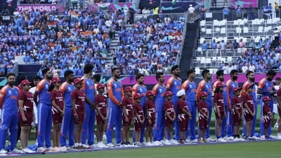 India's team stands for the national anthems before the ICC men's Twenty20 World Cup 2024 group A cricket match vs Ireland at Nassau County International Cricket Stadium in East Meadow, New York (AFP) India's team stands for the national anthems before the ICC men's Twenty20 World Cup 2024 group A cricket match vs Ireland at Nassau County International Cricket Stadium in East Meadow, New York (AFP)