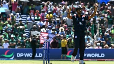 USA's Saurabh Netravalkar (R) celebrates after the dismissal of Pakistan's Iftikhar Ahmed (AFP) USA's Saurabh Netravalkar (R) celebrates after the dismissal of Pakistan's Iftikhar Ahmed (AFP)