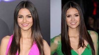 American actress and musician Victoria Justice and Canadian actress Nina Dobrev are Hollywood's famous doppelgängers. Justice starred in Disney's Victorious, while Dobrev gained recognition for The Vampire Diaries. They share similar features, including brown hair, skin tone, facial structure, and charming smiles. American actress and musician Victoria Justice and Canadian actress Nina Dobrev are Hollywood's famous doppelgängers. Justice starred in Disney's Victorious, while Dobrev gained recognition for The Vampire Diaries. They share similar features, including brown hair, skin tone, facial structure, and charming smiles.