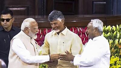 Narendra Modi with TDP chief N Chandrababu Naidu and Bihar chief minister Nitish Kumar. (PTI) Narendra Modi with TDP chief N Chandrababu Naidu and Bihar chief minister Nitish Kumar. (PTI)