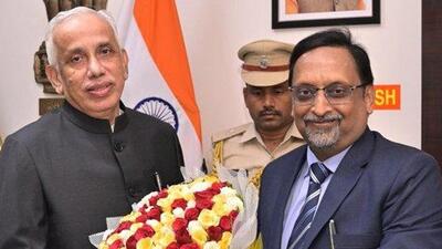 Neerabh Kumar Prasad (right) called on governor S Abdul Nazeer at Raj Bhavan after his appointment as Andhra Pradesh chief secretary on Friday (X/governorap) Neerabh Kumar Prasad (right) called on governor S Abdul Nazeer at Raj Bhavan after his appointment as Andhra Pradesh chief secretary on Friday (X/governorap)