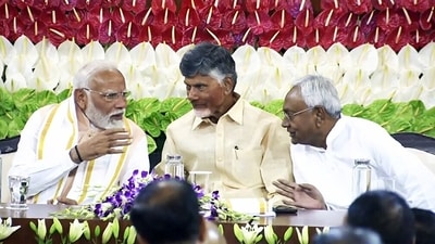 Prime Minister Narendra Modi in conversation with Telugu Desam Party (TDP) Chief N Chandrababu Naidu and Bihar Chief Minister Nitish Kumar during the National Democratic Alliance (NDA) Parliamentary Party meeting, at the Samvidhan Sadan, in New Delhi on Friday. (ANI) Prime Minister Narendra Modi in conversation with Telugu Desam Party (TDP) Chief N Chandrababu Naidu and Bihar Chief Minister Nitish Kumar during the National Democratic Alliance (NDA) Parliamentary Party meeting, at the Samvidhan Sadan, in New Delhi on Friday. (ANI)
