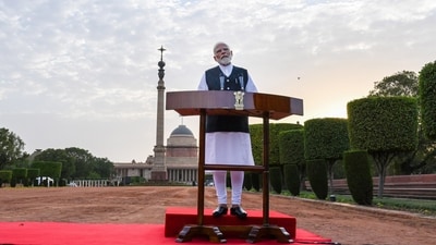 Prime Minister Narendra Modi addresses the media at Rashtrapati Bhavan after being invited to form the Union government by President Droupadi Murmu in New Delhi on June 7. (Raj K Raj/HT photo) Prime Minister Narendra Modi addresses the media at Rashtrapati Bhavan after being invited to form the Union government by President Droupadi Murmu in New Delhi on June 7. (Raj K Raj/HT photo)