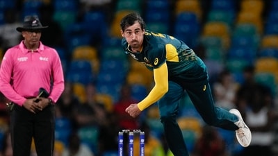Australia's Mitchell Starc bowls during the men's T20 World Cup cricket match between Australia and Oman at Kensington Oval in Bridgetown (PTI)