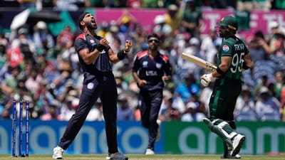 United States' Jessy Singh, left, celebrates the dismissal of Pakistan's captain Babar Azam during the ICC Men's T20 World Cup cricket match between United States and Pakistan at the Grand Prairie Stadium in Grand Prairie (PTI) United States' Jessy Singh, left, celebrates the dismissal of Pakistan's captain Babar Azam during the ICC Men's T20 World Cup cricket match between United States and Pakistan at the Grand Prairie Stadium in Grand Prairie (PTI)