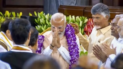 **EDS: VIDEO GRAB VIA SANSAD TV** New Delhi: Senior BJP leader Narendra Modi being felicitated by TDP chief N Chandrababu Naidu, BJP National President JP Nadda, Bihar Chief Minister and JD(U) leader Nitish Kumar, BJP leader Amit Shah and others during the NDA parliamentary party meeting at Samvidhan Sadan, in New Delhi, Friday, June 7, 2024. (PTI Photo) (PTI06_07_2024_000245A) (PTI) **EDS: VIDEO GRAB VIA SANSAD TV** New Delhi: Senior BJP leader Narendra Modi being felicitated by TDP chief N Chandrababu Naidu, BJP National President JP Nadda, Bihar Chief Minister and JD(U) leader Nitish Kumar, BJP leader Amit Shah and others during the NDA parliamentary party meeting at Samvidhan Sadan, in New Delhi, Friday, June 7, 2024. (PTI Photo) (PTI06_07_2024_000245A) (PTI)