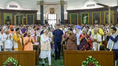 Prime Minister Narendra Modi arrives to attend the NDA Parliamentary Party meeting at Samvidhan Sadan, in New Delhi, Friday (PTI) Prime Minister Narendra Modi arrives to attend the NDA Parliamentary Party meeting at Samvidhan Sadan, in New Delhi, Friday (PTI)