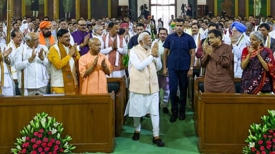 Prime Minister Narendra Modi greets the BJP and NDA leaders during the NDA parliamentary party meeting at Samvidhan Sadan, in New Delhi, on Friday. (HT Photo) Prime Minister Narendra Modi greets the BJP and NDA leaders during the NDA parliamentary party meeting at Samvidhan Sadan, in New Delhi, on Friday. (HT Photo)
