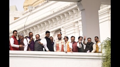 Rebel SP MLAs, including Manoj Pandey (in cap), with UP deputy CM Brajesh Pathak and minister Dayashankar Singh during polling for the Rajya Sabha polls in Lucknow. (HT file) Rebel SP MLAs, including Manoj Pandey (in cap), with UP deputy CM Brajesh Pathak and minister Dayashankar Singh during polling for the Rajya Sabha polls in Lucknow. (HT file)