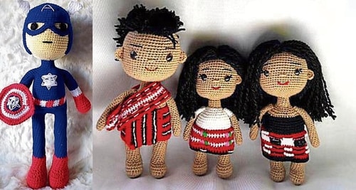 Crocheted dolls representing Captain America (left) and a North-Eastern family (right) by DU students Kinjal Bansal, Bhumika Garg and Sanya Chauhan. Crocheted dolls representing Captain America (left) and a North-Eastern family (right) by DU students Kinjal Bansal, Bhumika Garg and Sanya Chauhan.