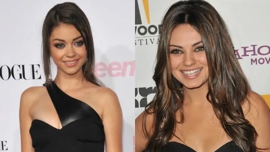 Sarah Hyland is an American actress known for her role as Haley in Modern Family. Her alleged “doppelgänger” Mila Kunis, known for her role in That 70s Show, is on her right. Both actresses have large, expressive eyes that are similarly shaped and set. They also share high cheekbones and similar face shapes, often described as heart-shaped.&nbsp;