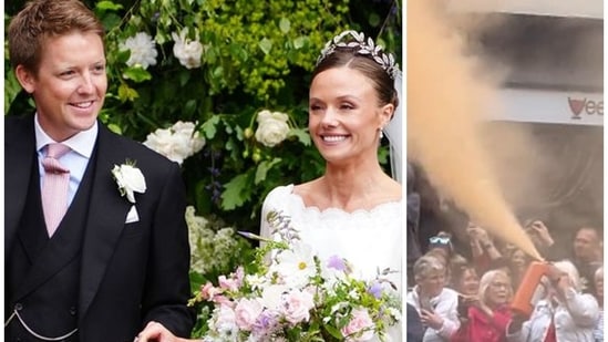 After tying the knot and sharing the kiss, the Duke and Duchess of Westminster made their way outside the cathedral but they were halted by JSO demonstrators who used fire extinguishers to let off their signature orange smoke. (AP/X)