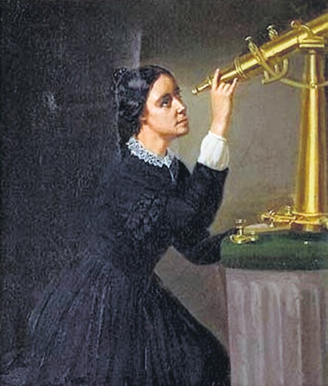 Maria Mitchell,the first professional woman astronomer in the US, gazing at the stars in a painting by artist Herminia Dassel in 1851. (Wikimedia) Maria Mitchell,the first professional woman astronomer in the US, gazing at the stars in a painting by artist Herminia Dassel in 1851. (Wikimedia)