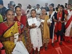 Thane, India - May ,20, 2024:  Womens participating in the voting process at a polling station in Thane A womans voter appears for voting at a polling station at road no 22 in thane ,in Thane, in Mumbai, India, on, Monday, May,20, 2024. ( Praful Gangurde / HT Photo )					
