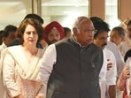 Congress chief Mallikarjun Kharge with party leaders Rahul Gandhi, Sonia Gandhi and Priyanka Gandhi Vadra after Extended Congress Working Committee meeting in New Delhi, India, on Saturday. (Vipin Kumar/HT) Congress chief Mallikarjun Kharge with party leaders Rahul Gandhi, Sonia Gandhi and Priyanka Gandhi Vadra after Extended Congress Working Committee meeting in New Delhi, India, on Saturday. (Vipin Kumar/HT)