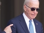 Emmanuel Macron, France's president, left, gestures towards US President Joe Biden and at the Elysee Palace in Paris, France, on Saturday, June 8, 2024. Emmanuel Macron, France's president, left, gestures towards US President Joe Biden and at the Elysee Palace in Paris, France, on Saturday, June 8, 2024.