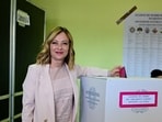 Italy's Prime Minister and leader of Italian far-right party Brothers of Italy (Fratelli D'Italia - FDI) Giorgia Meloni casts her ballot in a polling station to vote for the European elections, on June 8, 2024 in Rome. Italy's Prime Minister and leader of Italian far-right party Brothers of Italy (Fratelli D'Italia - FDI) Giorgia Meloni casts her ballot in a polling station to vote for the European elections, on June 8, 2024 in Rome.