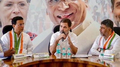 Congress' newly elected MP from Wayanad and Raebareli Rahul Gandhi holds a meeting with party leaders at the Congress Bhavan in Bengaluru on Friday. (ANI) Congress' newly elected MP from Wayanad and Raebareli Rahul Gandhi holds a meeting with party leaders at the Congress Bhavan in Bengaluru on Friday. (ANI)