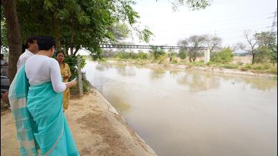 Atishi inspects the Munak canal in Delhi on Saturday. (HT Photo) Atishi inspects the Munak canal in Delhi on Saturday. (HT Photo)