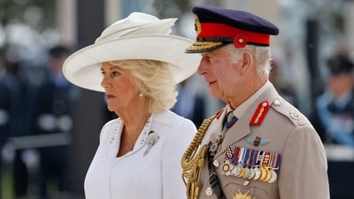 Britain's King Charles III and Britain's Queen Camilla attend the UK Ministry of Defence and the Royal British Legion's commemorative ceremony marking the 80th anniversary of the World War II "D-Day" Allied landings in Normandy. (via REUTERS)