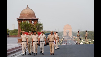 Delhi Police personnel patrol Raisina Hill on the eve of the swearing-in ceremony on Saturday. (Arvind Yadav/HT Photo) Delhi Police personnel patrol Raisina Hill on the eve of the swearing-in ceremony on Saturday. (Arvind Yadav/HT Photo)