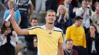 Germany's Alexander Zverev celebrates winning his semifinal match of the French Open tennis tournament against Norway's Casper Ruud at the Roland Garros stadium in Paris, Friday, June 7, 2024. (AP Photo/Jean-Francois Badias) (AP) Germany's Alexander Zverev celebrates winning his semifinal match of the French Open tennis tournament against Norway's Casper Ruud at the Roland Garros stadium in Paris, Friday, June 7, 2024. (AP Photo/Jean-Francois Badias) (AP)