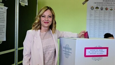 Italy's Prime Minister and leader of Italian far-right party Brothers of Italy (Fratelli D'Italia - FDI) Giorgia Meloni casts her ballot in a polling station to vote for the European elections, on June 8, 2024 in Rome. (AFP)