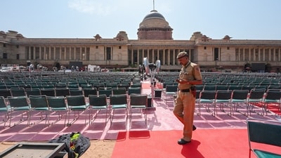 A view of the gravelled forecourt of Rashtrapati Bhavan as preparation for the upcoming swearing-in ceremony of Prime Minister-designate Narendra Modi. (Photo by Raj K Raj/ Hindustan Times) A view of the gravelled forecourt of Rashtrapati Bhavan as preparation for the upcoming swearing-in ceremony of Prime Minister-designate Narendra Modi. (Photo by Raj K Raj/ Hindustan Times)