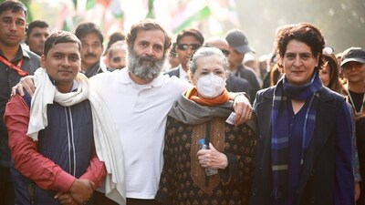 Congress leader Rahul Gandhi with his mother and party leader Sonia Gandhi and his sister and General Secretary Priyanka Gandhi Vadra during the Bharat Jodo Yatra, (PTI) Congress leader Rahul Gandhi with his mother and party leader Sonia Gandhi and his sister and General Secretary Priyanka Gandhi Vadra during the Bharat Jodo Yatra, (PTI)