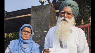 Parents of radical Sikh preacher Amritpal Singh outside the central jail in Dibrugarh on Saturday. (PTI)