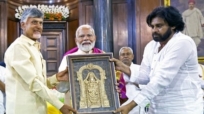 New Delhi, Jun 7 (ANI): Prime Minister Narendra Modi being felicitated by Telugu Desam Party (TDP) Chief N Chandrababu Naidu and Jana Sena Party Chief Pawan Kalyan during the National Democratic Alliance (NDA) Parliamentary Party meeting, at the Samvidhan Sadan, in New Delhi on Friday. (ANI Photo) (BJP) New Delhi, Jun 7 (ANI): Prime Minister Narendra Modi being felicitated by Telugu Desam Party (TDP) Chief N Chandrababu Naidu and Jana Sena Party Chief Pawan Kalyan during the National Democratic Alliance (NDA) Parliamentary Party meeting, at the Samvidhan Sadan, in New Delhi on Friday. (ANI Photo) (BJP)