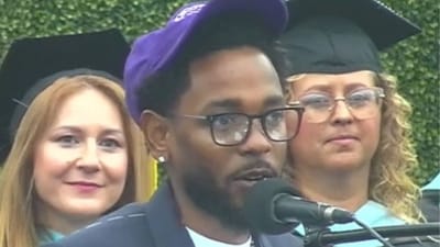 Kendrick Lamar takes Compton College's commencement ceremony by storm with his rousing address.