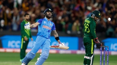 Virat Kohli celebrates after India beat Pakistan in T20 World Cup 2022 (ICC) Virat Kohli celebrates after India beat Pakistan in T20 World Cup 2022 (ICC)
