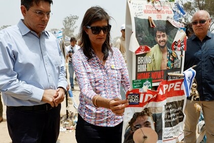 Nikki Haley visits the site of the Nova festival, where partygoers were killed and kidnapped during the October 7 attack by Palestinian Islamist group Hamas, in Reim, southern Israel, May 27, 2024. (REUTERS)