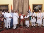 An NDA delegation called on President Droupadi Murmu and a letter stating that Narendra Modi had been elected leader of the BJP Parliamentary Party was handed over to the President at Rashtrapati Bhavan. An NDA delegation called on President Droupadi Murmu and a letter stating that Narendra Modi had been elected leader of the BJP Parliamentary Party was handed over to the President at Rashtrapati Bhavan.