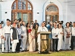 Congress president Mallikarjun Kharge addresses the media in the presence of senior members of the Opposition INDIA bloc, after a meeting of the alliance in Delhi on Wednesday. (Sanjeev Verma / Hindustan Times)