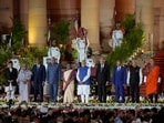 From left, Prime Minister of Nepal, Pushpa Kamal Dahal, Prime Minister of Bangladesh, Sheikh Hasina, President of Maldives, Dr Mohamed Muizzu, Indian Vice President Jagdeep Dhankhar, Indian President Droupadi Murmu, Prime Minister Narendra Modi, President of Sri Lanka, Ranil Wickremesinghe, Vice-President of Seychelles, Ahmed Afif, Prime Minister of Mauritius, Pravind Kumar Jugnauth and Prime Minister of Bhutan, Tshering Tobgay pose for a group photograph after the swearing-in ceremony of Modi, at Rashtrapati Bhavan in New Delhi on Sunday.