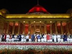 President Droupadi Murmu and Vice President Jagdeep Dhankhar with Prime Minister Narendra Modi and other ministers at the swearing-in ceremony of new Union government, at Rashtrapati Bhavan in New Delhi, Sunday. (PTI)