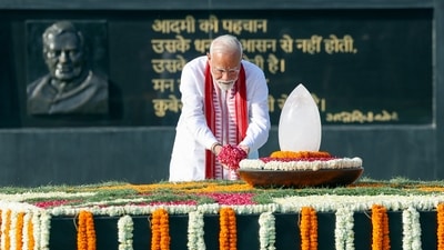 Ahead of his third term oath-taking, Modi offered floral tribute to former Prime Minister Atal Bihari Vajpayee at the Sadaiv Atal Memorial in New Delhi on Sunday. (BJP Media) Ahead of his third term oath-taking, Modi offered floral tribute to former Prime Minister Atal Bihari Vajpayee at the Sadaiv Atal Memorial in New Delhi on Sunday. (BJP Media)
