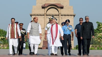 Modi, along with defence minister Rajnath Singh and others, gathers at the National War Memorial in New Delhi ahead of his third consecutive term oath-taking ceremony. Newly elected MPs and potential Cabinet members joined for a meeting at the Prime Minister's residence before the evening's oath-taking ceremony. (BJP Media) Modi, along with defence minister Rajnath Singh and others, gathers at the National War Memorial in New Delhi ahead of his third consecutive term oath-taking ceremony. Newly elected MPs and potential Cabinet members joined for a meeting at the Prime Minister's residence before the evening's oath-taking ceremony. (BJP Media)