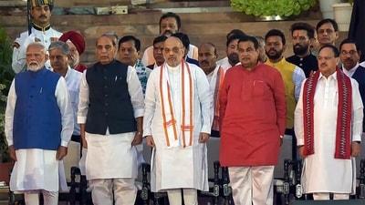 New Delhi, June 09 (ANI): BJP leaders Narendra Modi, Rajnath Singh, Amit Shah, Nitin Gadkari, JP Nadda and others before taking the oath during the swearing-in ceremony at the Rashtrapati Bhavan in New Delhi on Sunday. (ANI Photo) New Delhi, June 09 (ANI): BJP leaders Narendra Modi, Rajnath Singh, Amit Shah, Nitin Gadkari, JP Nadda and others before taking the oath during the swearing-in ceremony at the Rashtrapati Bhavan in New Delhi on Sunday. (ANI Photo)