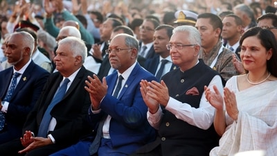 Maldives President Mohamed Muizzu, Mauritius PM Pravind Jugnauth, Sri Lanka President Ranil Wickremesinghe and other dignitaries during the swearing-in ceremony of Prime Minister-designate Narendra Modi and his Cabinet at Rashtrapati Bhawan in New Delhi on Sunday (BJP media) Maldives President Mohamed Muizzu, Mauritius PM Pravind Jugnauth, Sri Lanka President Ranil Wickremesinghe and other dignitaries during the swearing-in ceremony of Prime Minister-designate Narendra Modi and his Cabinet at Rashtrapati Bhawan in New Delhi on Sunday (BJP media)