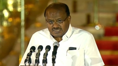 Janata Dal (Secular) leader H D Kumaraswamy took oath as Cabinet Minister at the forecourt of Rashtrapati Bhavan, New Delhi on Sunday. JD(S) is part of Prime Minister Narendra Modi-led NDA government. (ANI) Janata Dal (Secular) leader H D Kumaraswamy took oath as Cabinet Minister at the forecourt of Rashtrapati Bhavan, New Delhi on Sunday. JD(S) is part of Prime Minister Narendra Modi-led NDA government. (ANI)