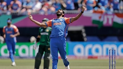 India's Jasprit Bumrah celebrates the dismissal of Pakistan's captain Babar Azam during the ICC Men's T20 World Cup cricket match between India and Pakistan (AP) India's Jasprit Bumrah celebrates the dismissal of Pakistan's captain Babar Azam during the ICC Men's T20 World Cup cricket match between India and Pakistan (AP)
