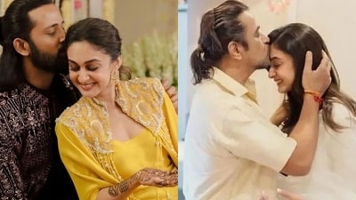 Aishwarya Arjun with her fiance Umapathy Ramaiah and father Arjun Sarja at her pre-wedding. Aishwarya Arjun with her fiance Umapathy Ramaiah and father Arjun Sarja at her pre-wedding.