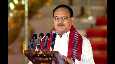 BJP leader JP Nadda takes oath as the Cabinet Minister during the swearing-in ceremony, at Rashtrapati Bhavan, in New Delhi on Sunday. (ANI)