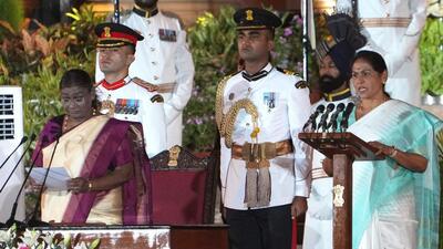 BJP leader Shobha Karandlaje takes oath as minister administered by President Droupadi Murmu at the swearing-in ceremony of new Union government, at Rashtrapati Bhavan in New Delhi, Sunday, June 9, 2024. (PTI) BJP leader Shobha Karandlaje takes oath as minister administered by President Droupadi Murmu at the swearing-in ceremony of new Union government, at Rashtrapati Bhavan in New Delhi, Sunday, June 9, 2024. (PTI)